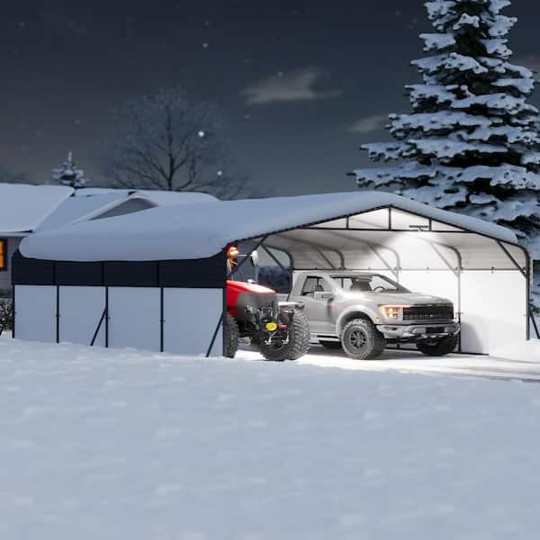 Heavy-Duty 20x20 FT Galvanized Steel Carport with Metal Roof & LED Solar Lamp for 2 Cars, RVs, Boats, Trucks