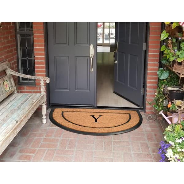 A1 Home Collections A1hc Natural Coir & Rubber Monogrammed Large Door Mat, Front Entry Doormat, Half Round Black 30 x 60 Y, Black/Beige