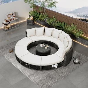 9-Piece Large Wicker Outdoor Sectional Set with Beige Cushions, Pillows and Tempered Glass Coffee Table