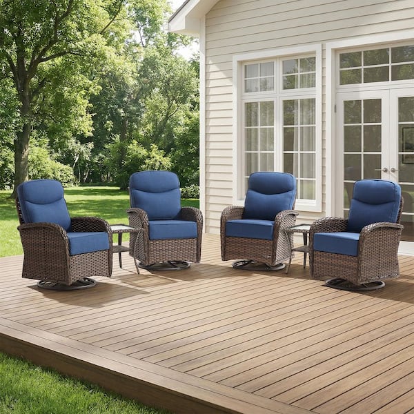 Moonridge 6-Piece Brown Wicker Patio Conversation Set with 6 in. Olefin Blue Cushions/Patio Swivel Chairs with Table