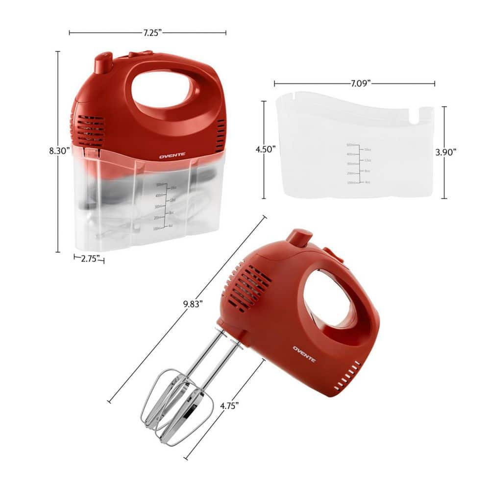 Compact Red Stainless Steel 5-Speed Hand Mixer with Storage Case