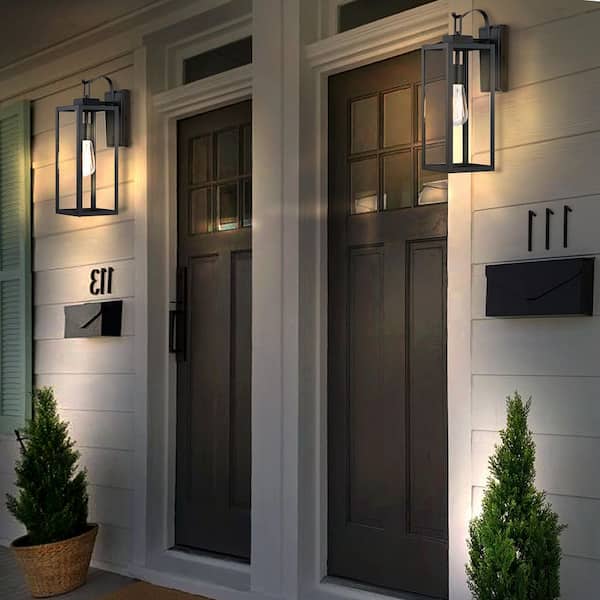 Foothill 18 in. 1-Light Matte Black Outdoor Hardwired Wall Lantern Sconce with Clear Glass (2-Pack)