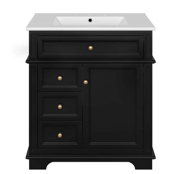 30 in. Freestanding Black Bath Vanity with White Ceramic Top Sink and Three Drawers