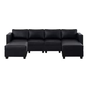 112.6 in. Faux Leather 4-Seater Living Room Modular Sectional Sofa with Double Ottoman for Streamlined Comfort in Black