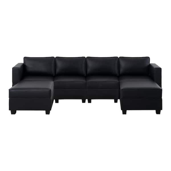 HOMESTOCK 112.6 in. Faux Leather 4-Seater Living Room Modular Sectional Sofa with Double Ottoman for Streamlined Comfort in Black