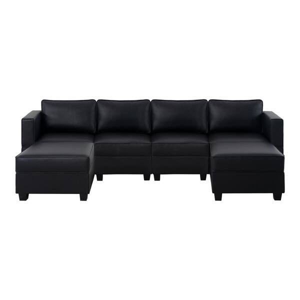 MAYKOOSH 112.6 in. W Caramel Faux Leather 4-Seater Sofa Double Ottoman with Storage, Sectional Sofa 1 Piece Living Room Suite
