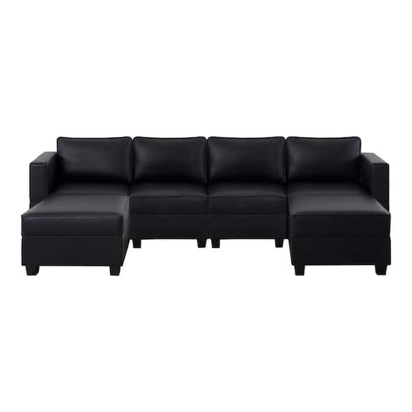 HOMESTOCK 112.6 in. Linen 4-Seater Living Room Modular Sectional Sofa with Triple Ottoman for Streamlined Comfort in Gray