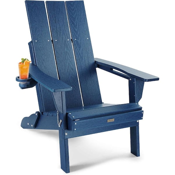 Mximu Oversized Navy Blue HDPE Outdoor Plastic Folding Adirondack Chair with Cup Holder (Set of 1)