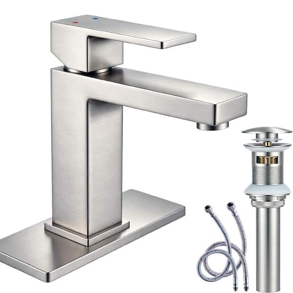 Single Handle Single Hole Bathroom Sink Faucet with Deck Plate and Pop-Up Drain Kit in Spot Resistant Brushed Nickel