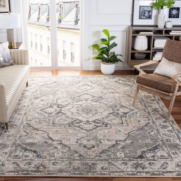 Pyramid 7 ft. x 7 ft. Ivory/Gray Ornate Border Square Area Rug