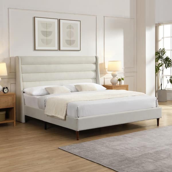 Nadia Modern Minimalist White Ivory Metal Frame King Chenille Upholstered Platform Bed with Wave Shaped High Headboard
