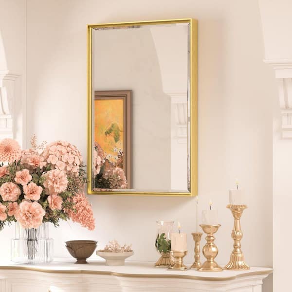 16 in. W x 24 in. H Framed Rectangular Brushed Gold Mirrors for Bathroom Wall Beveled Mirror Bathroom Vanity Mirror
