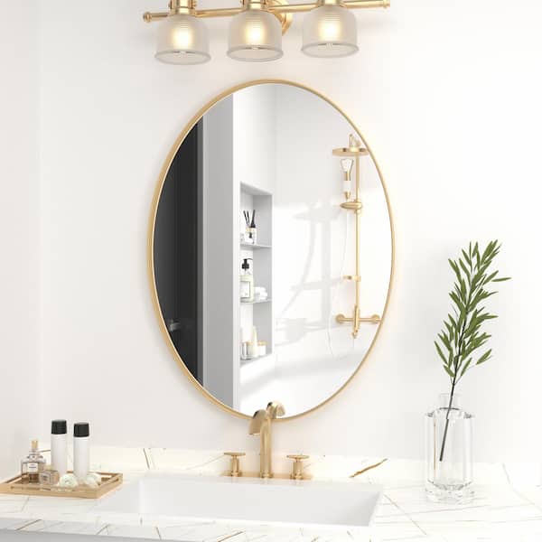 CLAVIE 24 in. W x 36 in. H Medium Oval Iron Framed Wall Mounted Bathroom Vanity Mirror Wall Mirrors in Gold