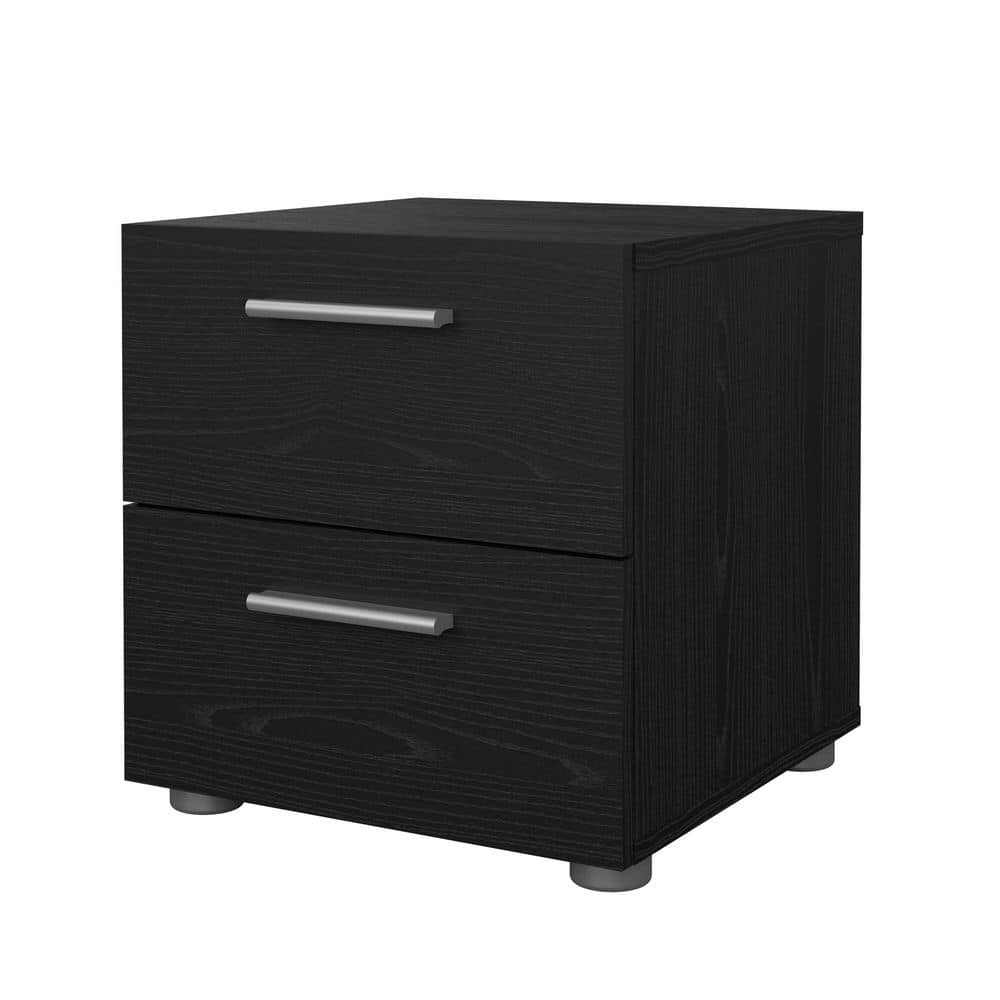 Black Woodgrain 2-Drawer Nightstand with Metal Handles