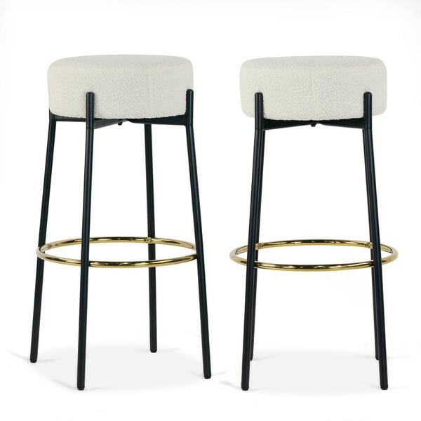 Glamour Home Avon 30 in. Beige Boucle Backless Metal Bar Stool with Black Metal Legs Set of 2