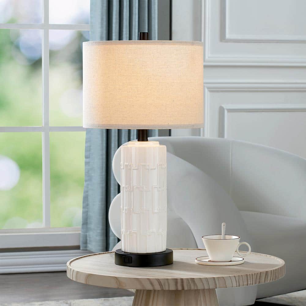 White Ceramic Table Lamp Set with USB Port and Linen Shade