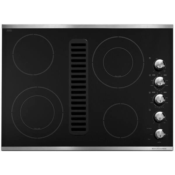 KitchenAid 30 in. Downdraft Vent Ceramic Glass Electric Cooktop in Stainless Steel with 4 Elements including Double-Ring Elements