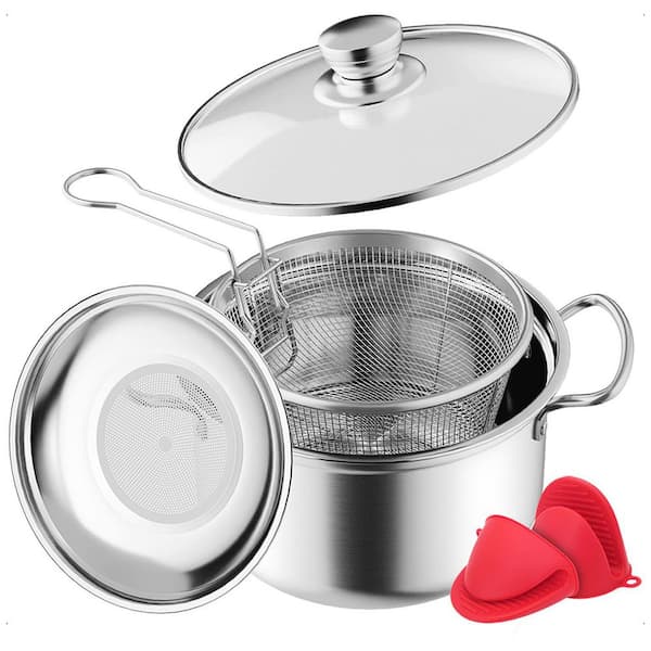 4.25 qt. Stainless Steel Stock Pot in Silver with Frying Basket Lid and Oil Strainer for Stove Top Deep Frying