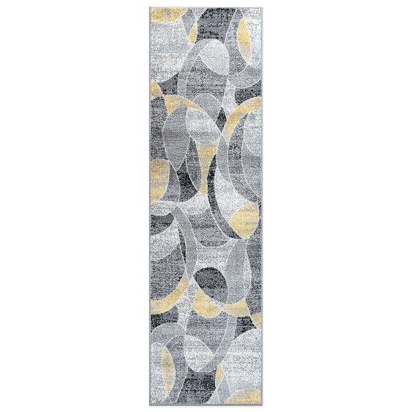 Contemporary Yellow 2 ft. x 7 ft. Distressed Circle Runner Rug
