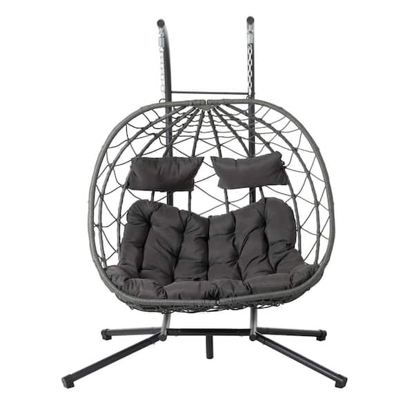 Unbranded 2-Persons Metal Patio Swing Egg Chair with Stand Wicker Hanging Egg Chair Hanging Basket Chair with Stand