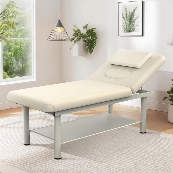 31.5 in. Beige Professional Massage Table Bed-Waterproof PU Leather Adjustable Chest Opening Round Iron Legs