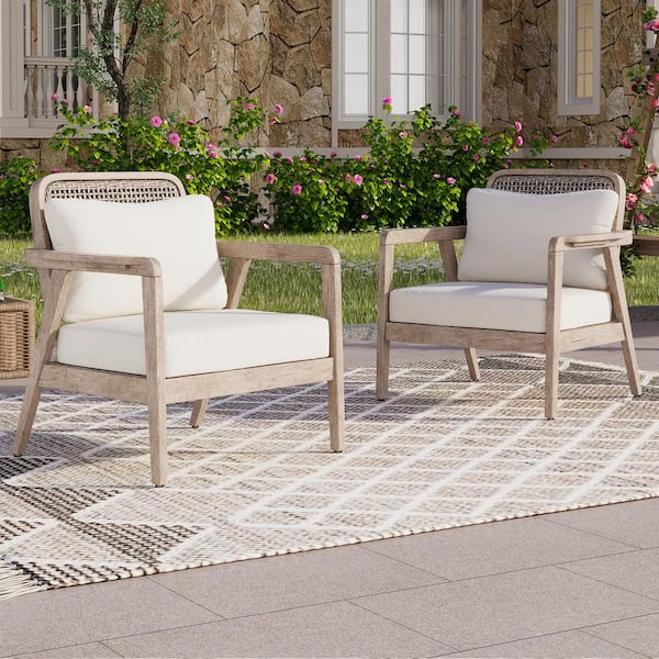 Patio Light Brown Wood Outdoor Lounge Chair with Cream Cushions, Set of 2