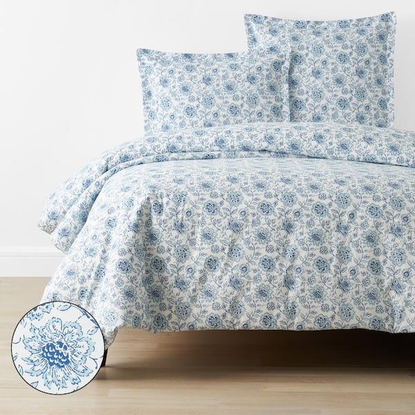 The Company Store Company Cotton Poonam Blue/White Floral Twin XL Cotton Percale Duvet Cover