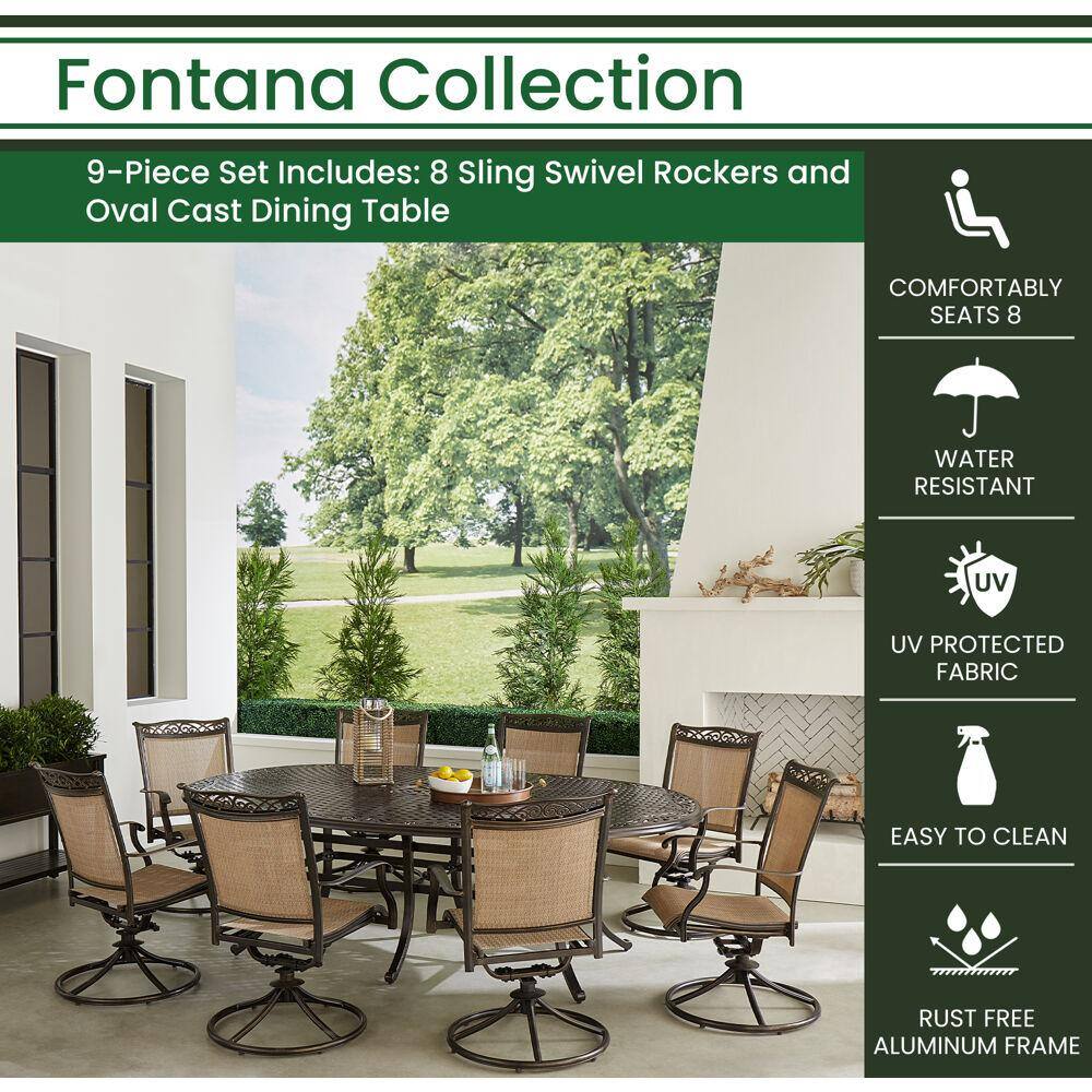 Fontana 9-Piece Bronze Outdoor Dining Set with Swivel Rockers