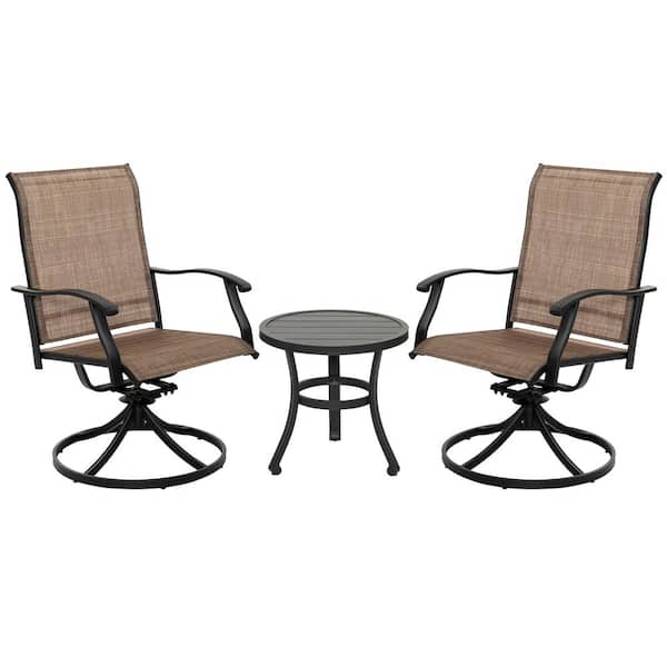 Brown 3-Piece Textilene and Iron Outdoor Bistro Set, 2 Swivel Chairs and Round Bistro Table