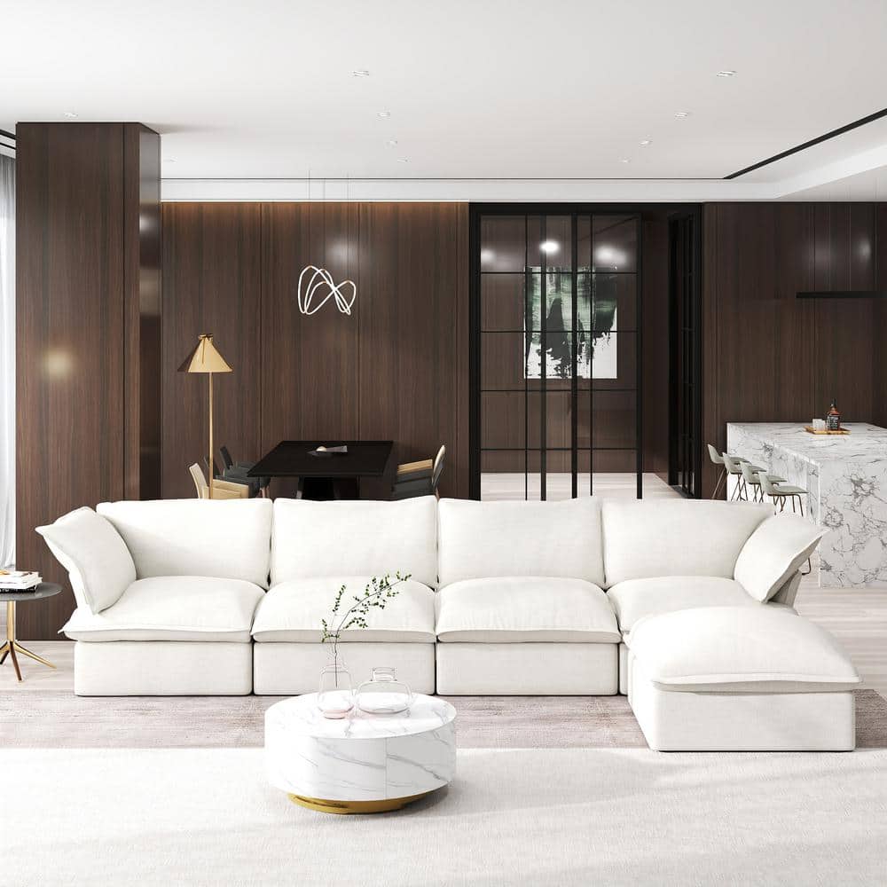 162.98 in Wide Flared Arm 5-piece linen L Shaped Sectional Sofa in White with Storage Ottoman