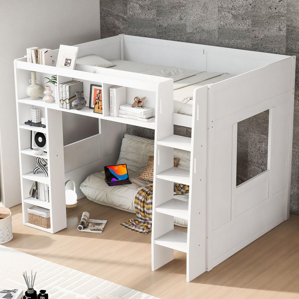 White Queen Size Wooden Loft Bed with Storage Cabinets and Shelves price history on PriceWatchPro