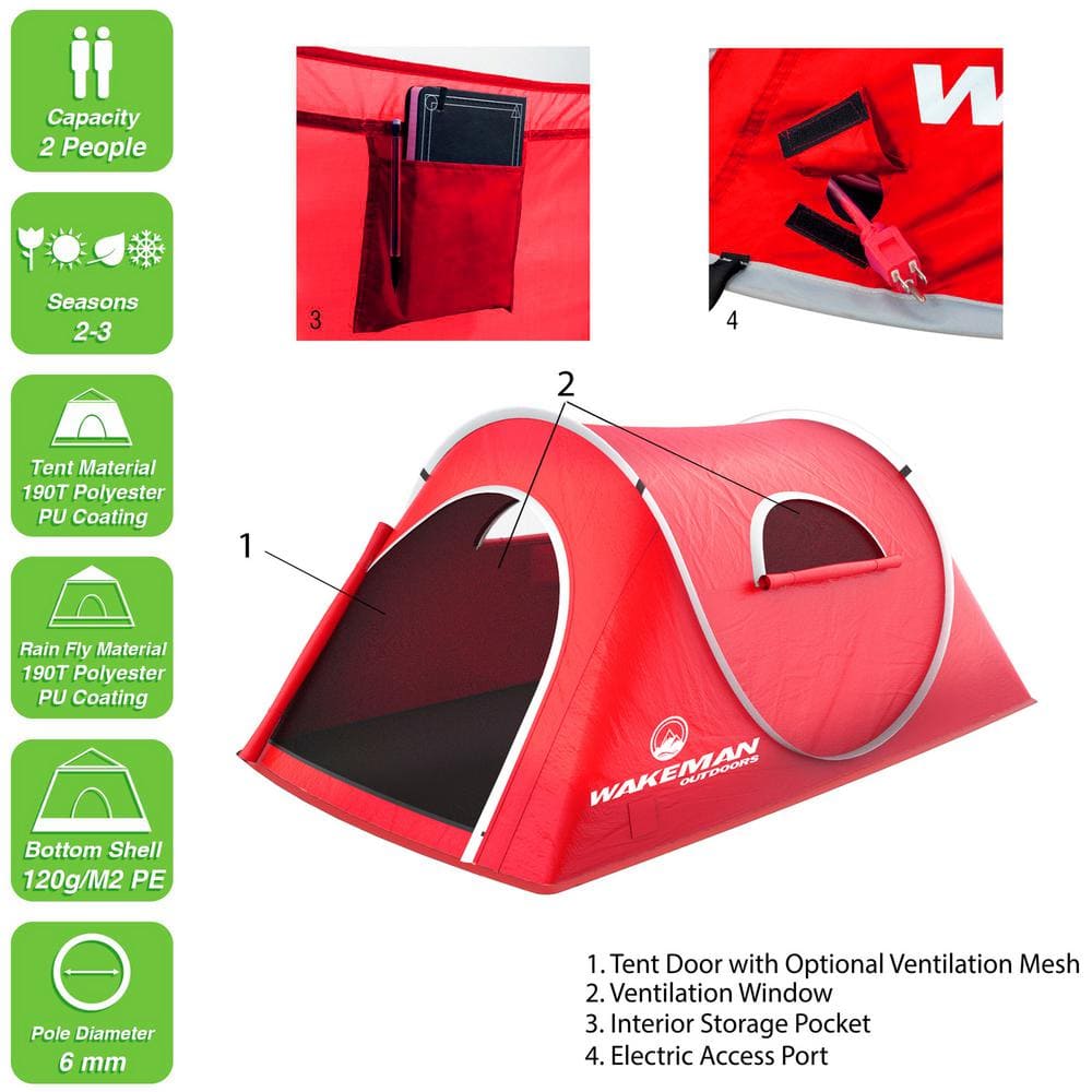 Red 2-Person Three Season Pop-Up Camping Tent with Carry Bag