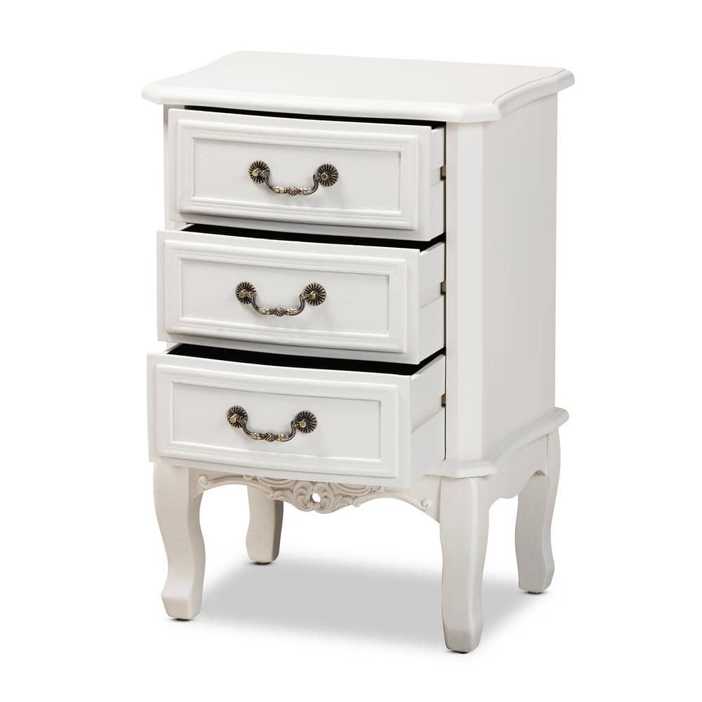 White 3-Drawer French Country Wood Nightstand