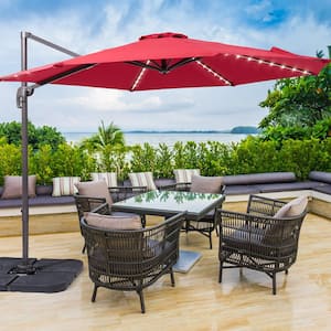10 ft. Solar LED Cantilever Patio Umbrella with Cross Base, Outdoor Offset Hanging 360° in Red