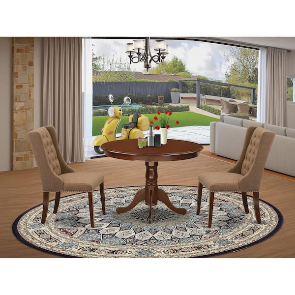 East West Furniture 3-Piece Mahogany Finish Solid Wood Top - Button Tufted Dining Room Set - Seats 4