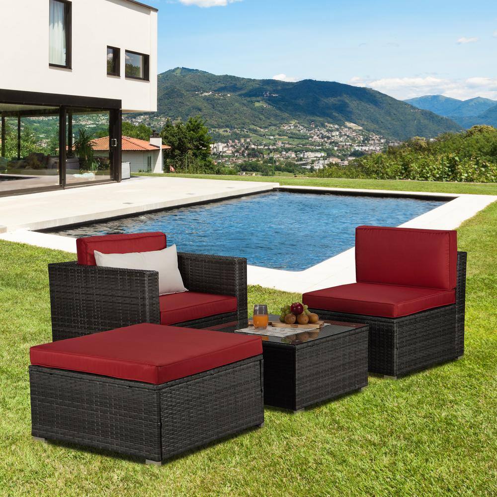 4-Piece Wicker Patio Conversation Set with Red Cushioned Sofa Sets and 1 Be