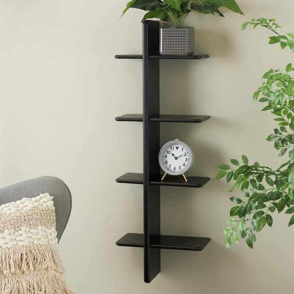 Litton Lane 15 in. W x 8 in. D Black Wood Handmade 4-Shelf Decorative Wall Shelf