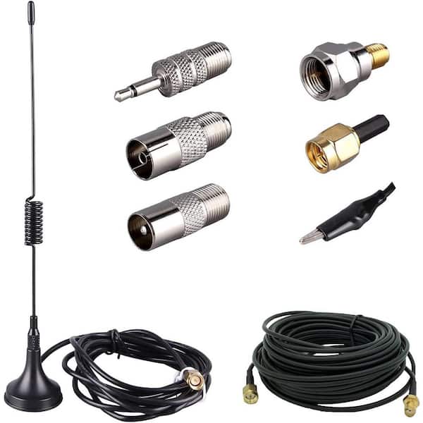 75 Ohm FM Antenna with Magnetic Transmitter Cable 1.5m SMA-Male Connector Black 16.4Ft Extension Cable 6 Adapters