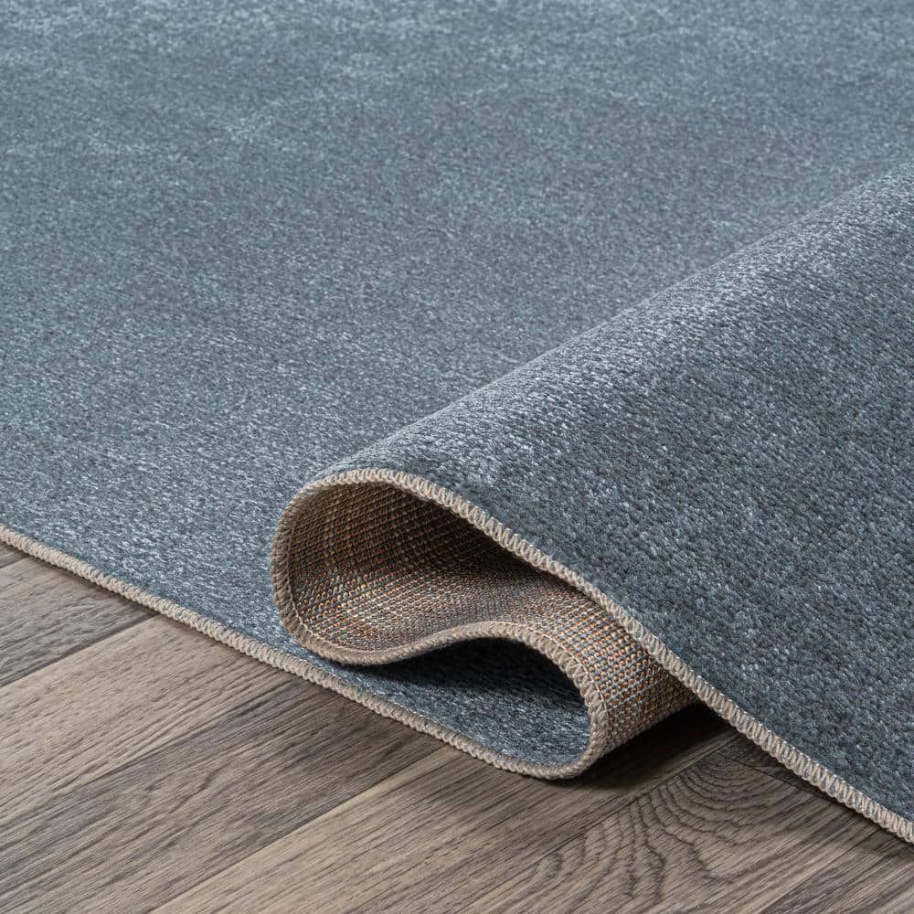 Blue Solid Synthetic 4' x 6' Washable Area Rug