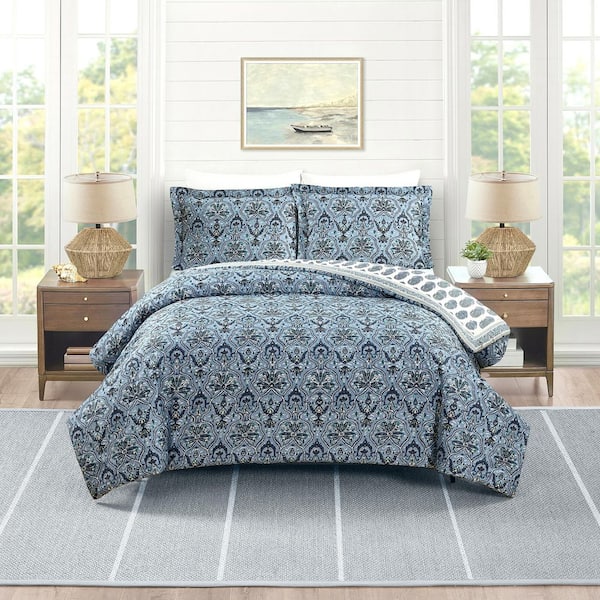 Spartina 449 Hamilton 3-Piece Blue Damask Cotton Full/Queen Comforter Set