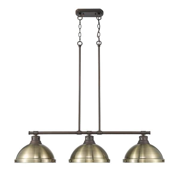 Duncan 300-Watt 3-Light Rubbed Bronze Island Pendant Light with Gold Shade and No Bulbs Included