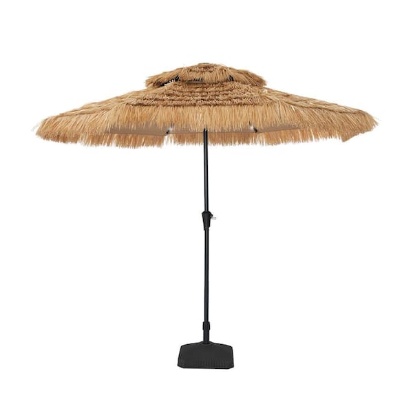 Clihome 10 ft. Outdoor Double Layer Hawaiian Style Market Umbrella in Brown with Base and 32-Light Beads
