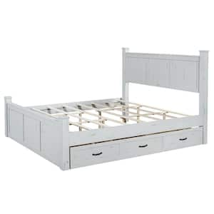 White Wood Frame King Platform Bed with 3-Storage Drawers