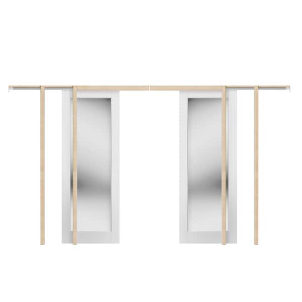 64 in. x 80 in. (Double 32 in. W Doors) 1-Lite Mirrored Glass-Panel MDF White Primed Pocket Door Frame Hardware Included