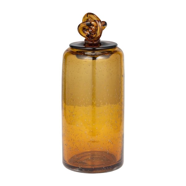 Liv & Skye 12 in. Orange Glass Jar with Knot Lid Dark Amber Decorative Vase