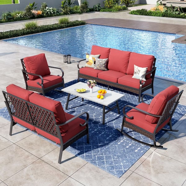 PHI VILLA 5-Piece Black Metal 7 Seats Outdoor Patio Conversation Set with Rocking Chair, Marbling Coffee Table and Red Cushions