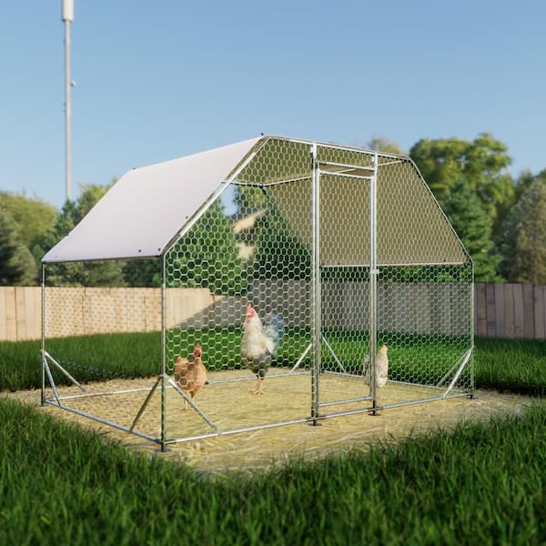 9.94'L x 6.46'W x 6.36'ft, Metal Chicken Coop, Walk-In with Waterproof Cover, Lockable, Flat Roof, White