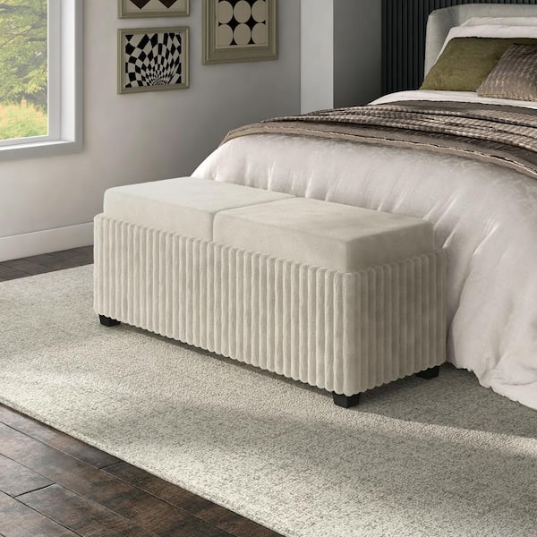 Furniture of America Wolfhart White Corduroy 48 in. Bedroom Bench With Storage and Removable Tray