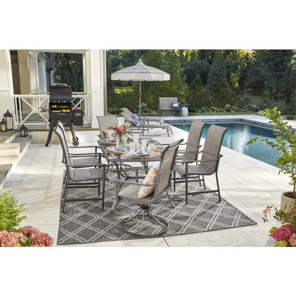 Hampton Bay Ashbury Pewter 7Piece Steel Padded Sling Rectangle Glass