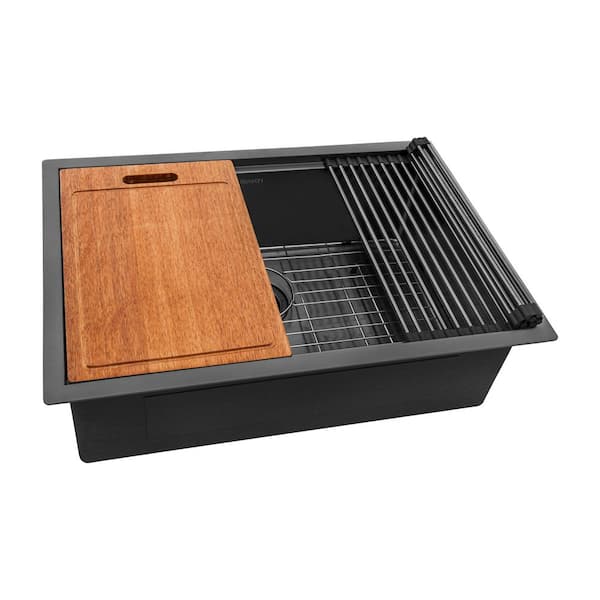 Ruvati Giana 27 in. Undermount SIngle Bowl 16-Gauge Stainless Steel Workstation Kitchen Sink in Gunmetal Black